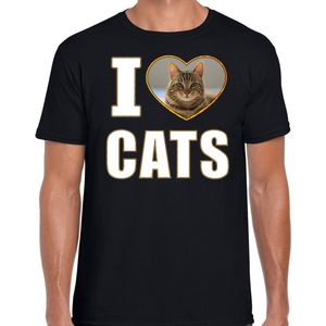 I love cats t-shirt met dieren foto van een bruine kat zwart voor heren - cadeau shirt katten liefhebber L
