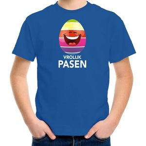 Lachend Paasei vrolijk Pasen t-shirt shirt - blauw - kinderen - Paas kleding outfit 110 116
