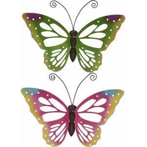 Set van 2x stuks tuindecoratie muur/wand/schutting vlinders van metaal in groen en roze tinten 51 x 38 cm