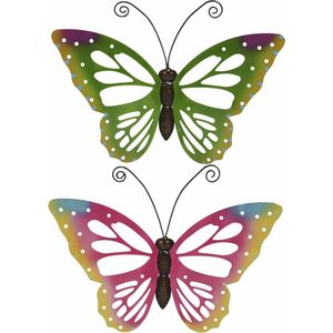 Set van 2x stuks tuindecoratie muur/wand/schutting vlinders van metaal in groen en roze tinten 51 x 38 cm