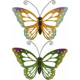 Set van 2x stuks tuindecoratie muur/wand/schutting vlinders van metaal in groen en oranje tinten 51 x 38 cm