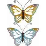 Set van 2x stuks tuindecoratie muur/wand/schutting vlinders van metaal in blauw en oranje tinten 51 x 38 cm