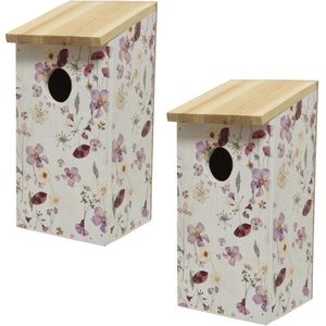 2x stuks vurenhouten vogelhuisjes/nestkastjes met bloemen print 12 x 13,5 x 26 cm - Vogelhuisjes tuindecoraties