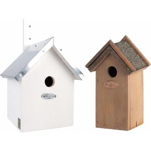 Voordeelset van 2x stuks houten vogelhuisjes/nestkastjes 31 x 18 cm/22 x 16 cm - Met puntdak in wit en houtkleur