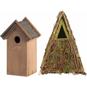 Voordeelset van 2x stuks houten vogelhuisjes/nestkastjes 24 x 17 cm/22 x 16 cm - Met puntdak in groen en houtkleur