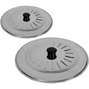 Set van 2x stuks universele RVS spatdeksels/pannendeksels met stoomuitlaat voor alle pannen - 22 cm en 28 cm