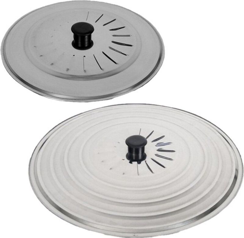 Set van 2x stuks universele RVS spatdeksels/pannendeksels met verstelbare stoomuitlaat voor alle pannen - 30 cm en 34 cm