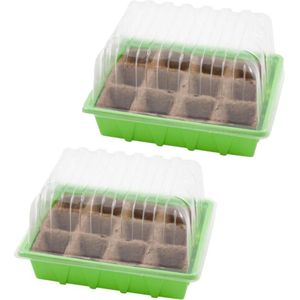 2x stuks kweekbakjes/kweekkastjes met deksel 13 x 38 x 24 cm - Inclusief houtvezel tray met 28 kweekpotjes per kweekbak