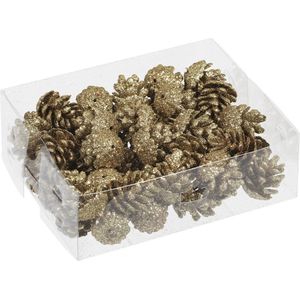 48x stuks decoratie dennenappels glitter goud 3,5 cm - Kerststukje/herfststukje versiering/decoratie - Dennenappeltjes