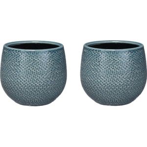 Set van 3x stuks keramiek aardewerk bloempotten  van 12 x 14 cm in het geribbeld midnight blauw - Mica Decorations plantenpotten