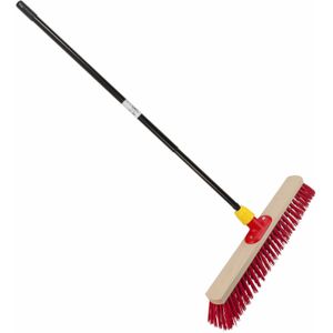 Houten harde straatbezem/buitenbezem rood elaston 50 cm met metalen telescoopsteel zwart 80 - 130 cm - Bezem