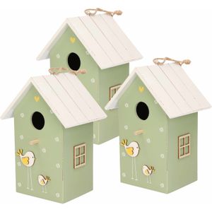 3x stuks nestkast/vogelhuisje hout groen met wit dak 15 x 12 x 22 cm