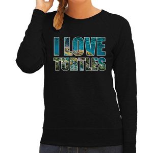 Tekst sweater I love turtles met dieren foto van een schildpad zwart voor dames - Sweaters