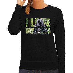 Tekst sweater I love monkeys foto zwart voor dames - cadeau trui apen liefhebber