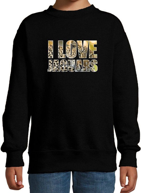 Tekst sweater I love jaguars met dieren foto van een jaguar zwart voor kinderen