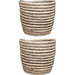 Set van 2x stuks naturel grijs rotan planten/bloemen pot mand van gedraaid jute/riet/zeegras H16 en D19 cm - plastic binnenkant