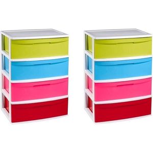 2x Stuks Ladekast/Organizer met 4 Lades Wit/Multi Kleuren - 40 X 56 X 80 cm