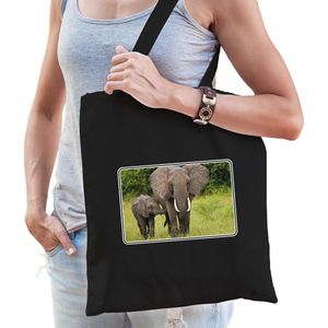 Dieren tasje met olifanten foto - zwart - voor volwassenen - Afrikaanse dieren/ olifant cadeau tas