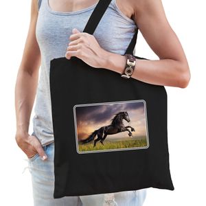 Dieren tas van katoen met paarden foto zwart voor volwassenen - Feest Boodschappentassen