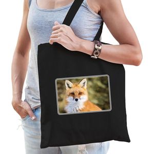 Dieren tas van katoen met vossen foto zwart voor volwassenen - Feest Boodschappentassen