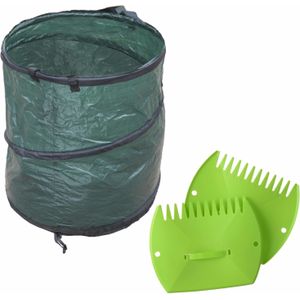 Groene tuinafvalzak opvouwbaar 90 liter met een setje bladharken/tuinafval grijpers - Tuinieren opharken