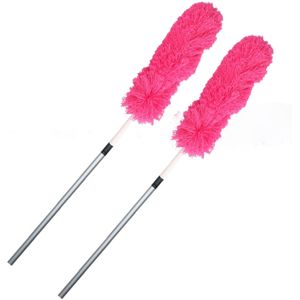 Set van 2x stuks microvezel plumeau/duster met telescoopsteel roze 75 - 150 cm - Huishuidelijke producten/schoonmaken/afstoffen