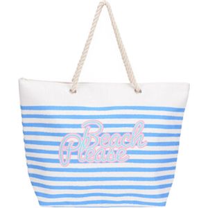 Strandtas met handvat wit/blauw gestreept met Beach Please print polyester 38 x 39 cm - Strandtassen