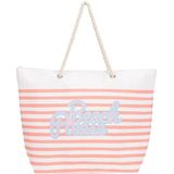 Strandtas met handvat wit/roze gestreept met Beach Please print polyester 38 x 39 cm - Strandtassen