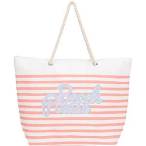 Strandtas met handvat wit/roze gestreept met Beach Please print polyester 38 x 39 cm - Strandtassen