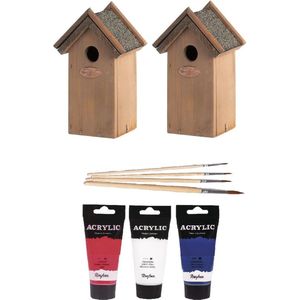 2x stuks houten vogelhuisjes 22 cm - in het rood/wit/blauw(Nederlandse vlag) - Dhz schilderen pakket + 3x tubes verf en kwasten