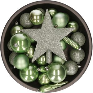 Bellatio Decorations kerstballen set - 34-dlg - salie groen - incl. piek - kunststof
