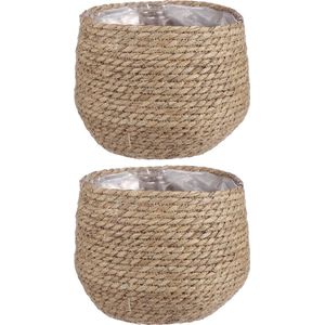 2x stuks naturel beige rotan planten/bloemen pot mand van gedraaid jute/riet/zeegras H19 en D22 cm - Met plastic binnenkant