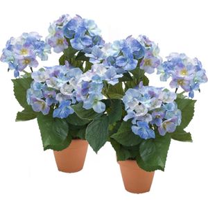 2x stuks blauwe hortensia Hydrangea Macrophylla kunstplant in terracotta pot 40 cm - Kunstplanten