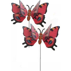 2x stuks metalen vlinder rood 17 x 60 cm op steker - Tuindecoratie vlinders - Dierenbeelden