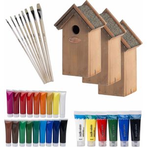 6x stuks vogelhuisjes/nestkastjes 22 cm - Zelf schilderen pakket - verf/kwasten - Kinder feestje/verjaardag activiteiten