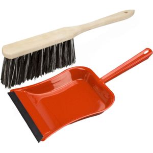 Stoffer en blik rood van metaal/hout/Arenga vezel met lip voor binnen - Zachte borstel/handveger