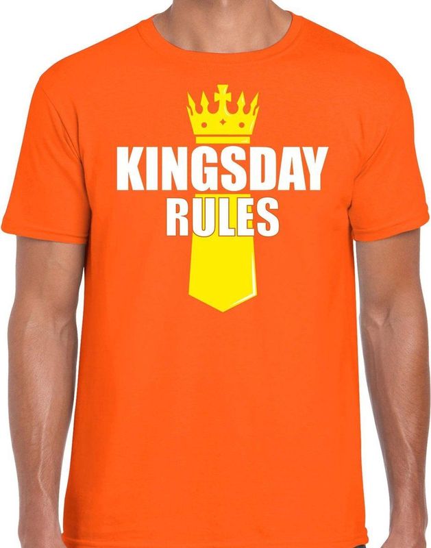 Koningsdag t-shirt Kingsday Rules met kroontje oranje - heren - outfit kleding shirt