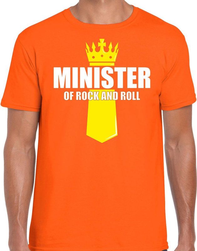 Koningsdag t-shirt Minister of rock N roll met kroontje oranje voor heren