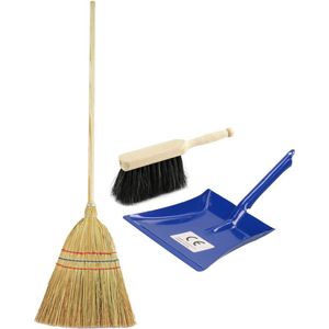 Kinder schoonmaak set 3-delig blauw bestaande uit stoffer en blik en strobezem 90 cm
