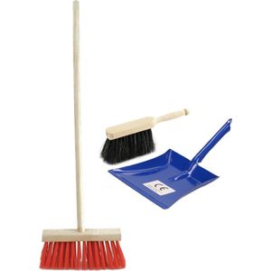 Kinder schoonmaak set bestaande uit stoffer en blik met bezem rood/blauw - 3-delige speelgoed set