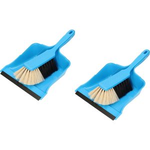 Set van 2x stuks kunststof blauw stoffer en blik met lip en zachte borstel - Schoonmaakartikelen
