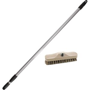 Houten luiwagen schrobborstel/schrobber inclusief metalen telescoopsteel grijs 130 cm