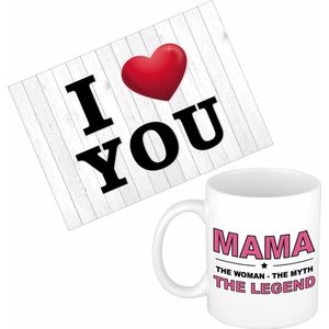 Mama jarig/Moederdag cadeau drink mok/beker + Love you wenskaart - feest mokken