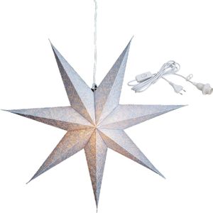 Kerstversiering zilveren papier decoratie kerststerren 60 cm inclusief witte lichtkabel