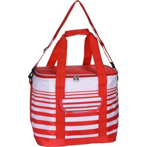 Koeltas draagtas schoudertas rood/wit gestreept 28 x 18 x 29 cm 12 liter - Koeltas