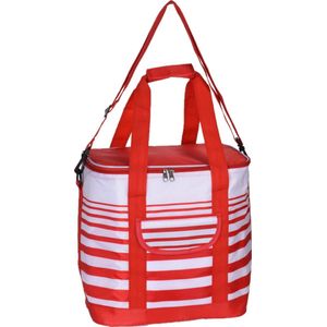 Grote koeltas draagtas schoudertas rood/wit gestreept 33 x 23 x 36 cm 24 liter - Koeltassen