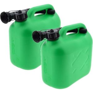 2x stuks jerrycans groen voor brandstof - 5 liter - inclusief schenktuit - benzine / diesel