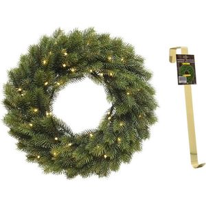 Dennenkrans 40 cm met verlichting en met gouden hanger - Kerstversiering/kerstdecoratie kransen