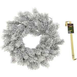 Kunst kerstkrans groen/sneeuw 35 cm met gouden hanger - Kerstversiering/kerstdecoratie kransen