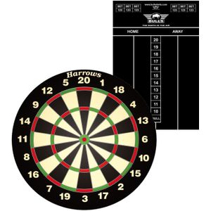 Dartbord Harrows set compleet van diameter 45 cm met 6 dartpijlen en een krijt scorebord 45 x 30 cm